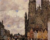 尤金 布丹 : Abbeville, Street and the Church of Saint-Folfran